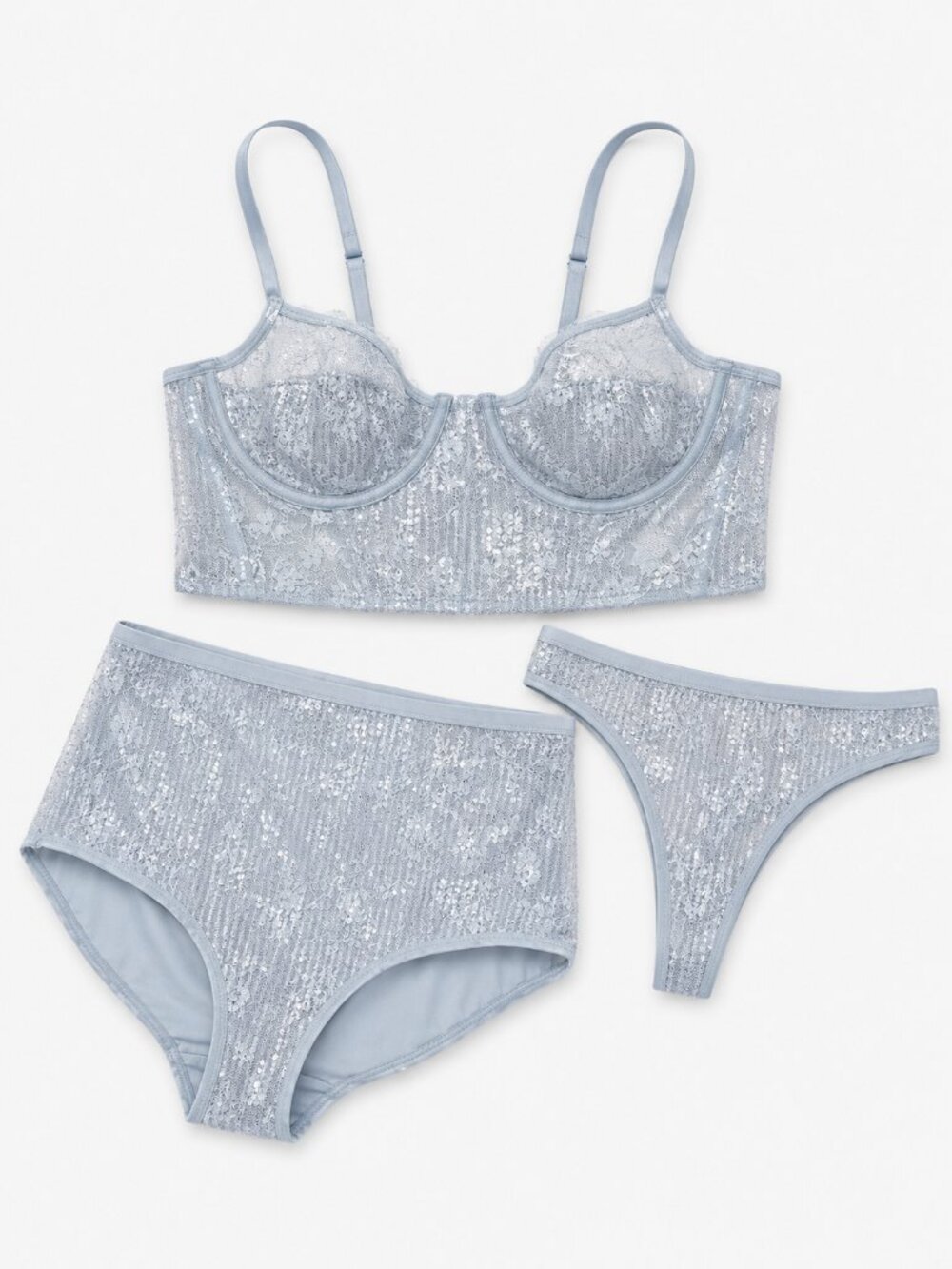 Wild Fable Dusty Blue Sequin Lace Bralette & Panty Set Sz S/M Sexy Lingerie